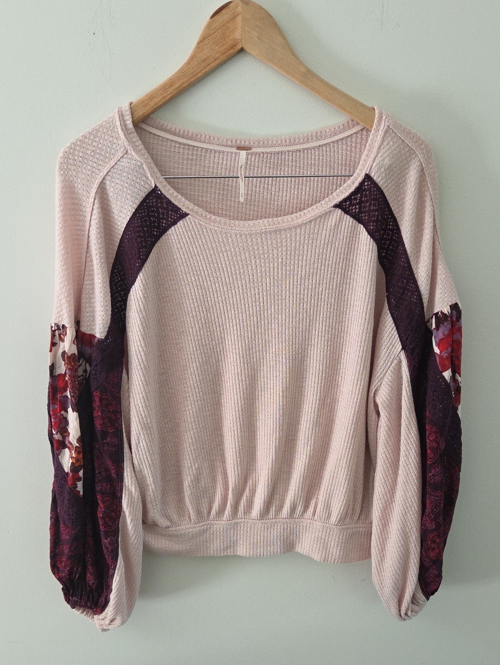 Free People Light Pink Boho Waffle-Knit Pullover with Embellished Sleeves
